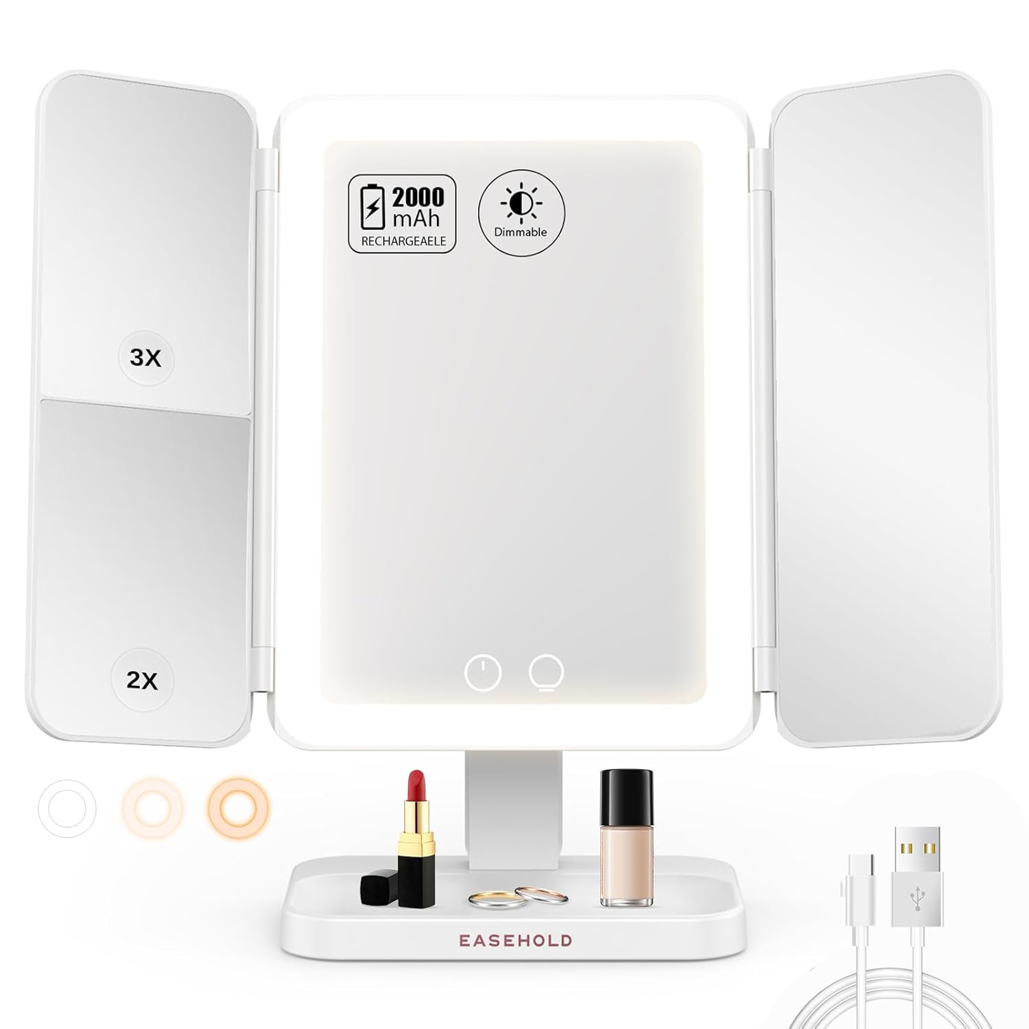 EASEHOLD Lighted Makeup Mirror with 3X Magnification, 3 Color Lights & Touch Sensor - Rechargeable Trifold Vanity Mirror for Travel, Desk, Home Use