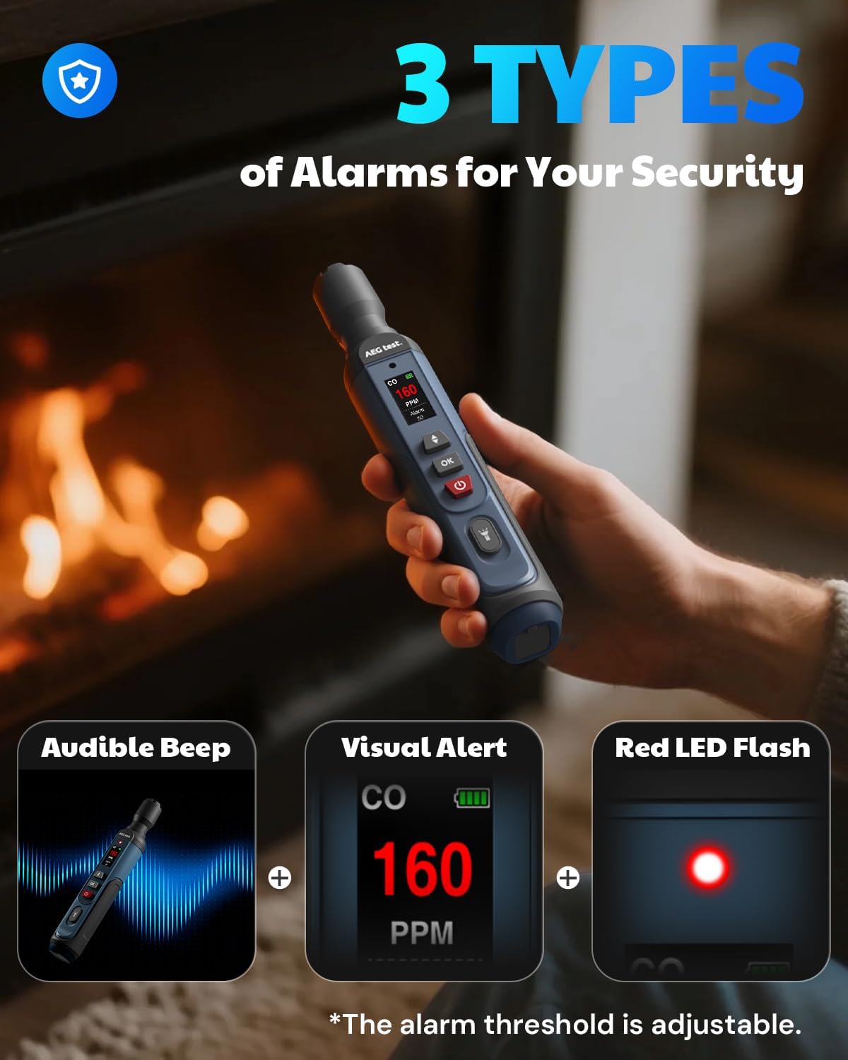 AGT-2459 Portable Carbon Monoxide Detector, Rechargeable CO Detector, 0~1000PPM with Audible & Visual Alarms, TFT Color Screen for Home/Travel/Industrial and Mobile Operations - Blue