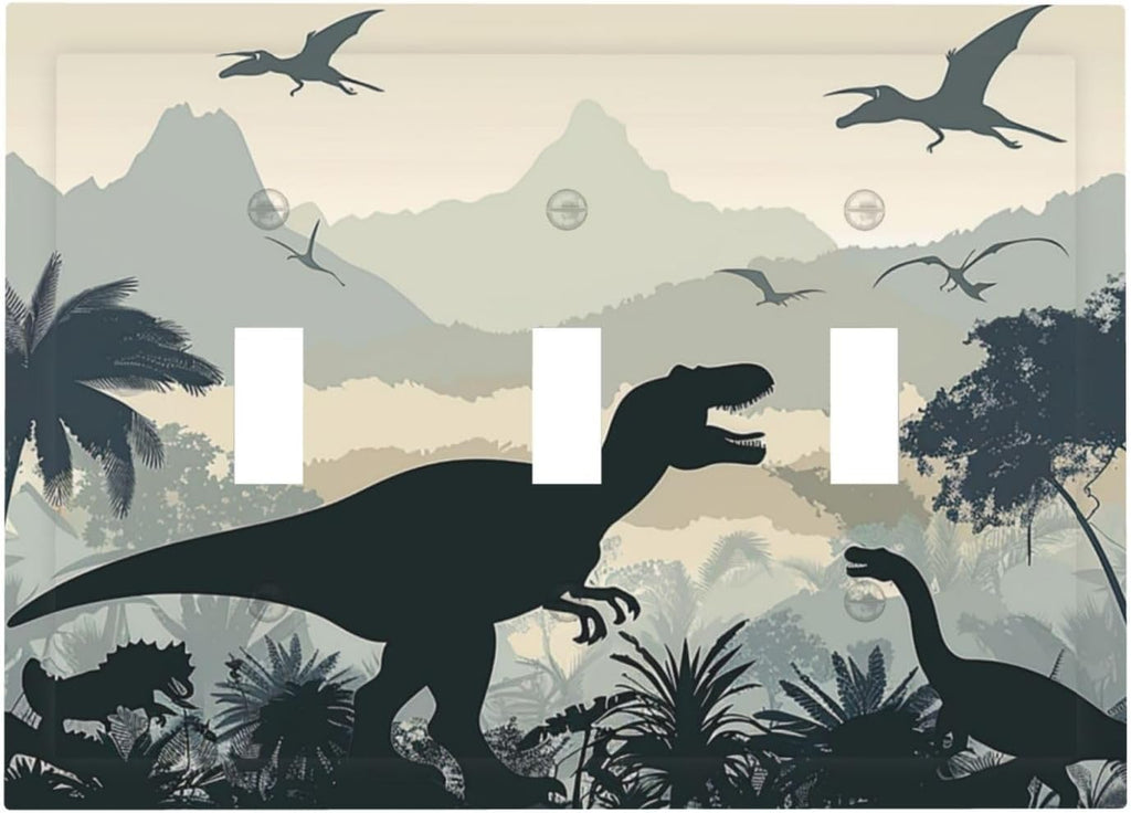 Decorative Switch Plates Prehistoric World Dinosaur Cartoon Fores 3 Gang Wall Plate Triple Toggle Light Switch Cover Faceplate Electrical Wall Panels for Kids Room Nursery Decor
