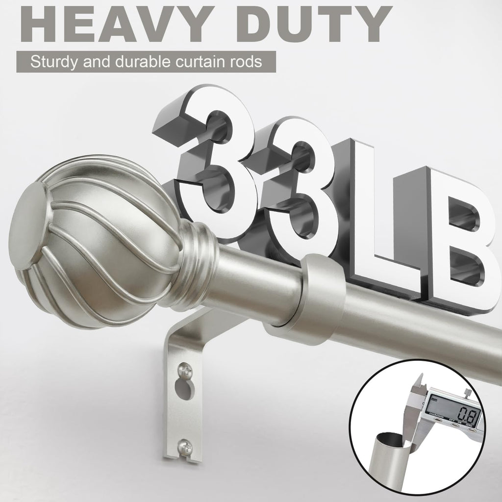 Silver Curtain Rods for Windows 72 to 144 Inch Adjustable Long Window Curtain Rod 7/8" Diamete Heavy Duty with Decorative Finials for Farmhouse Bedroom Living Room Kitchen Outdoor