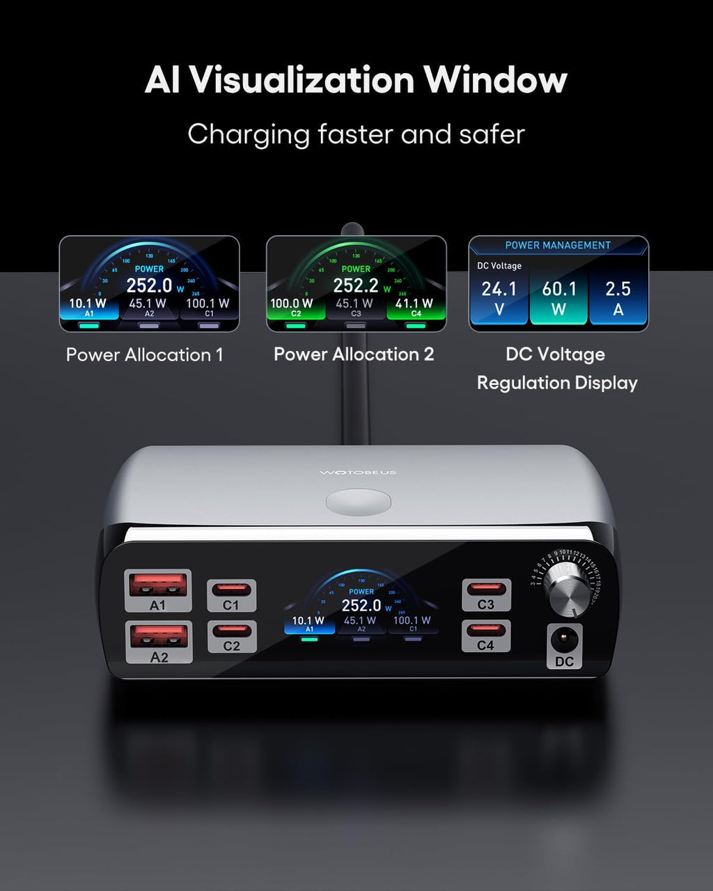 WOTOBEUS Charging Station (252W), 7-Ports (4 USB-C, 2 USB-A, 1 DC), Power Adapter with DC Power Supply Adjustable 3.3V~24.5V (0~60W) Converter and LED Display, for iPhone Laptops Monitor Electronics