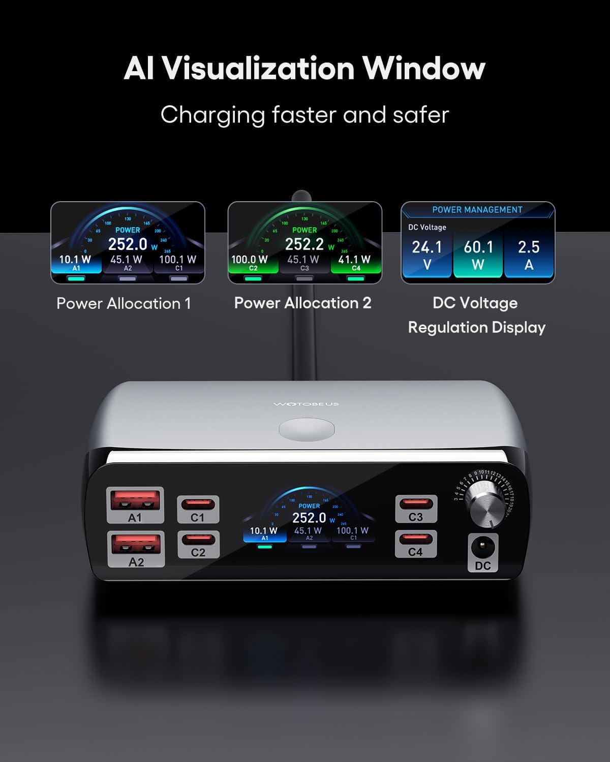 WOTOBEUS Charging Station (252W), 7-Ports (4 USB-C, 2 USB-A, 1 DC), Power Adapter with DC Power Supply Adjustable 3.3V~24.5V (0~60W) Converter and LED Display, for iPhone Laptops Monitor Electronics
