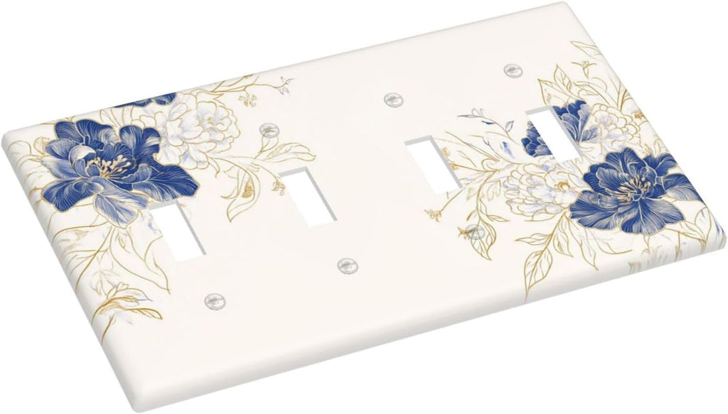 Decorative Light Switch Cover Plate Rustic Blue Flower Floral Gold Leaf 4 Gang Wall Plates for Electrical Outlets Quad Toggle Switch Plate Covers Outlet Covers Faceplate for Home Decor