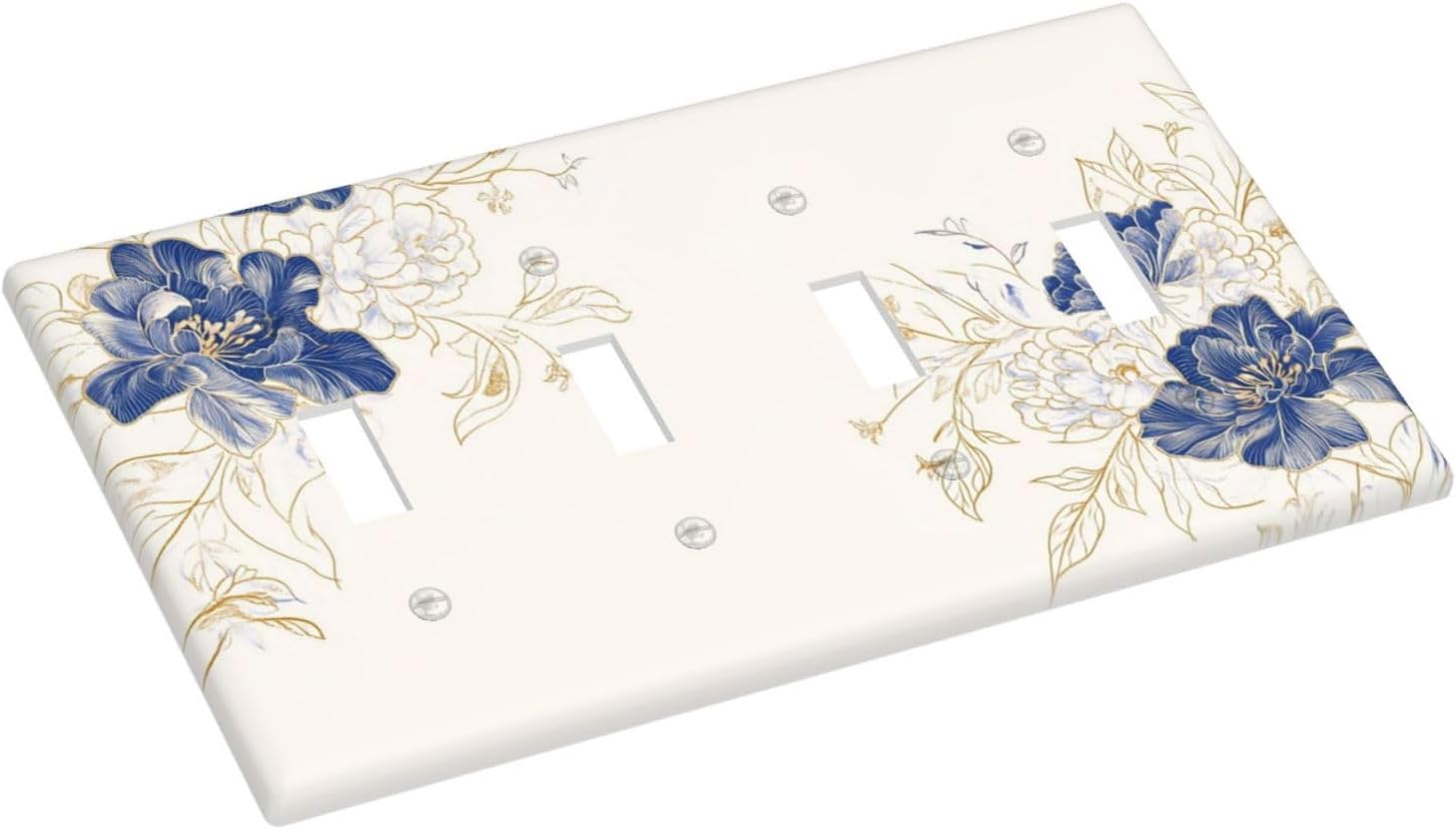 Decorative Light Switch Cover Plate Rustic Blue Flower Floral Gold Leaf 4 Gang Wall Plates for Electrical Outlets Quad Toggle Switch Plate Covers Outlet Covers Faceplate for Home Decor