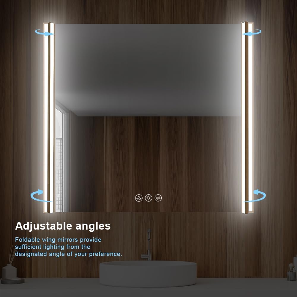 Blossom LED Bathroom Mirror, 36x32 Inch Gradient Front and Backlit LED Mirror for Bathroom, Brushed Gold Frame, Foldable Wing Design, 3 Colors Dimmable CRI>90 Double Lights, IP54 Enhanced, Anti-Fog