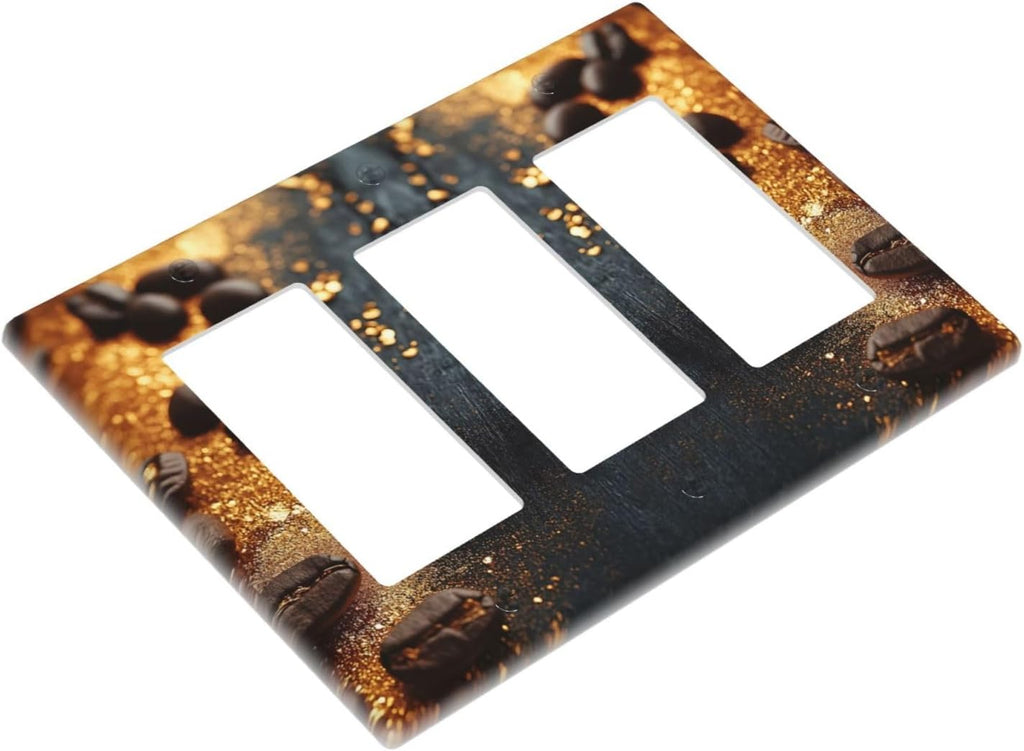 Decorative Outlet Covers Black Wood Board Gold Dust Coffee Beans 3 Gang Wall Plate Triple Rocker Light Switch Cover Plate Jumbo Electrical GFCI Face Plate for Caffee Room