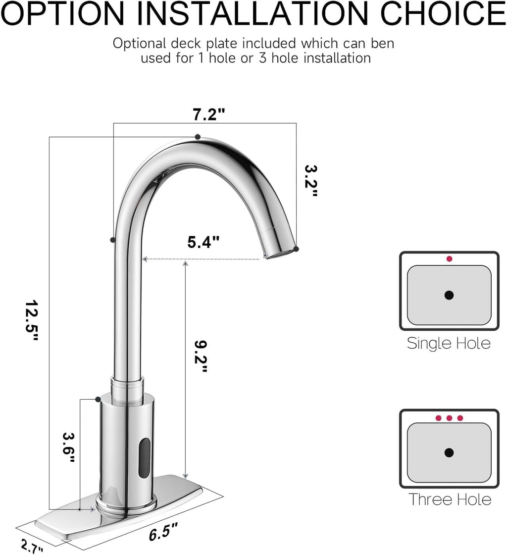 Automatic Touchless Bathroom Sink Faucet Motion Sensor Commercial Kitchen Hands Free Faucet with Hole Cover Plate,AC/DC Powered, Public Sink Faucet,Chrome (Chrome High)