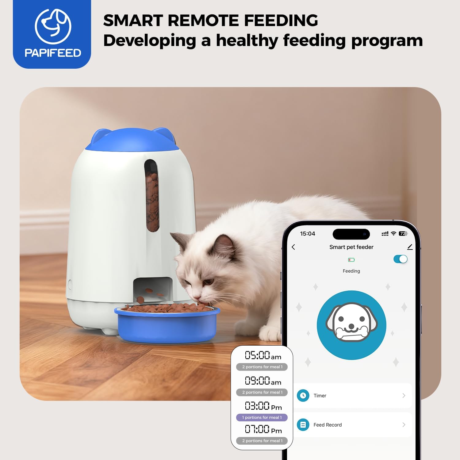 PAPIFEED Automatic Cat Feeder, 2.4G WiFi Auto Cat Food Dispenser with App Control, 3L Auto Pet Feeder with Dual Power Supply, Detachable for Easy Clean for Cats and Small Dogs, Blue