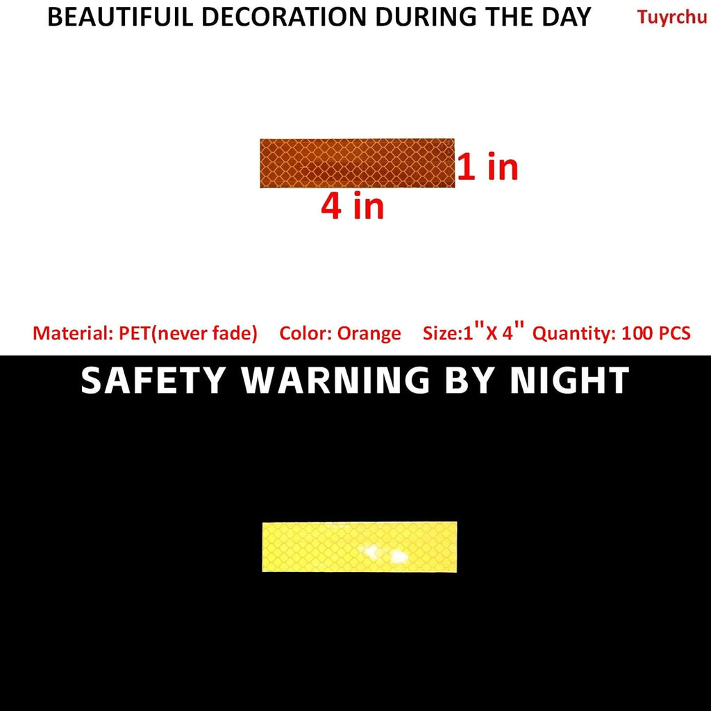 Non Fading Orange Reflective Stickers 1 inch X 4 inch, Outdoor Waterproof High Visibility Warning Safety Adhesive Reflector Tape (100 Pcs)