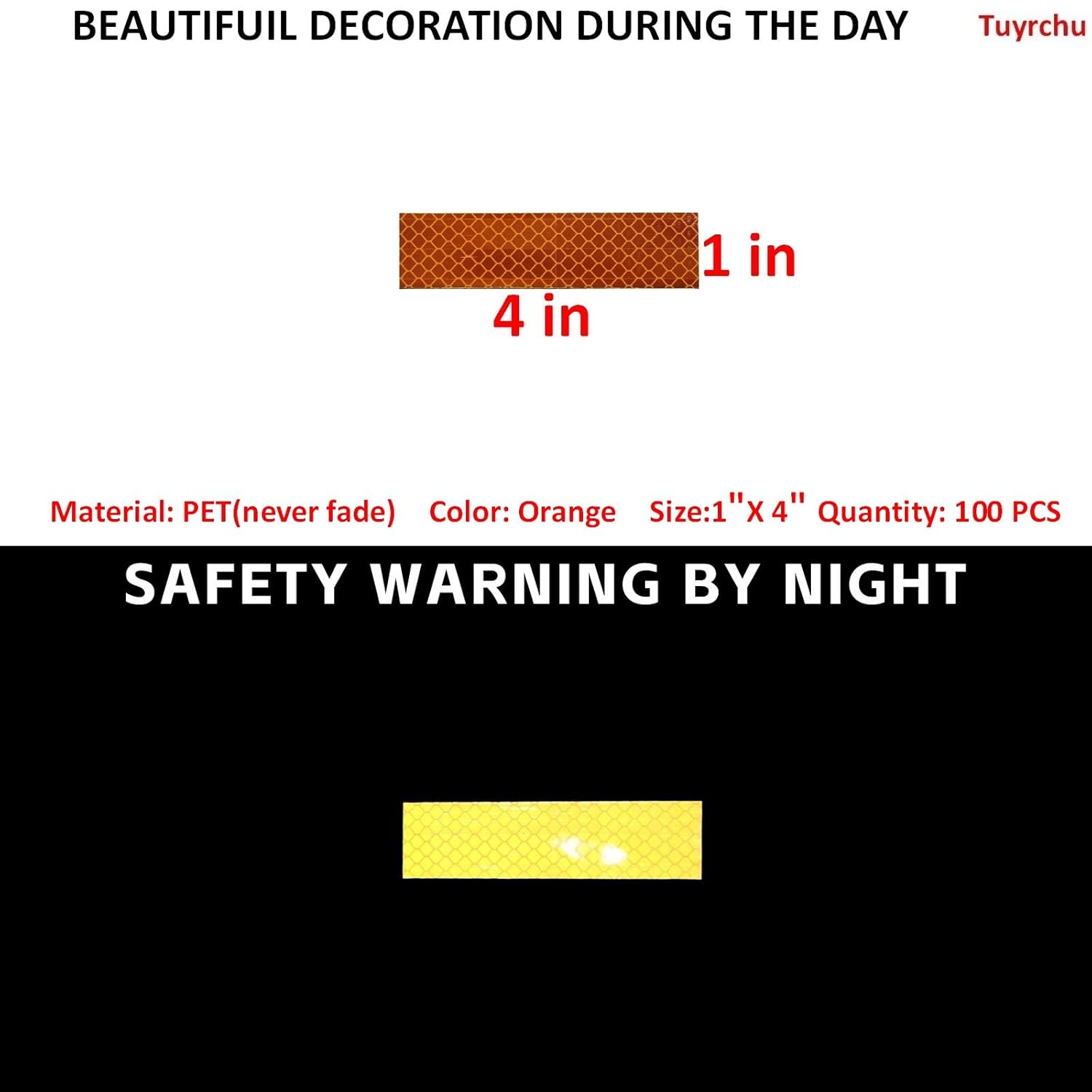 Non Fading Orange Reflective Stickers 1 inch X 4 inch, Outdoor Waterproof High Visibility Warning Safety Adhesive Reflector Tape (100 Pcs)