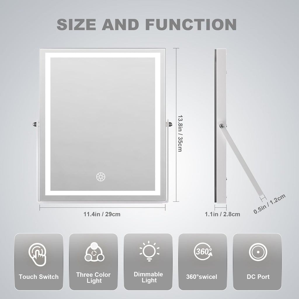 Hasipu Vanity Mirror with Lights, 11.4" x 13.8" LED Makeup Mirror with 10X Magnification, Smart Touch 3 Colors Dimmable, Brightness Adjustment, 360° Rotation, White