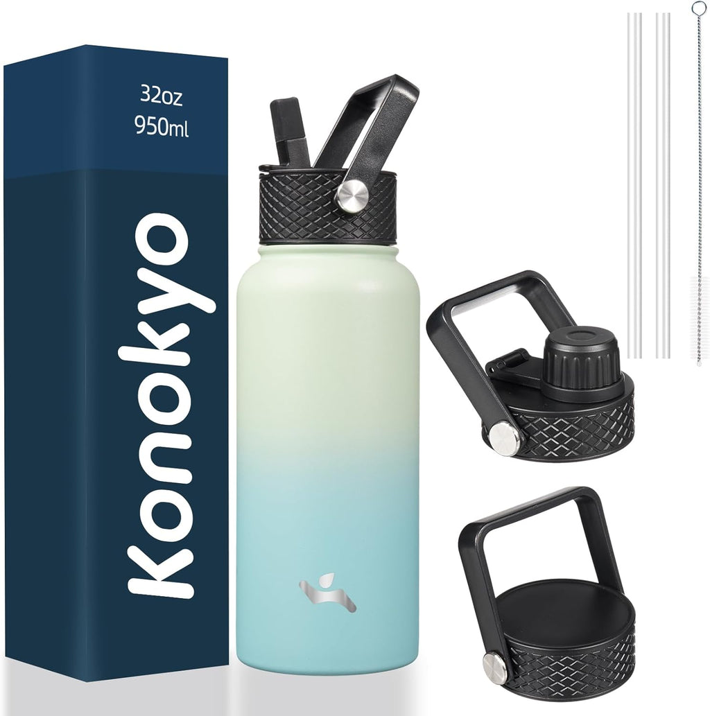 32 oz Insulated Water Bottle Stainless Steel Sport Bottles with 3 Lids,Mint