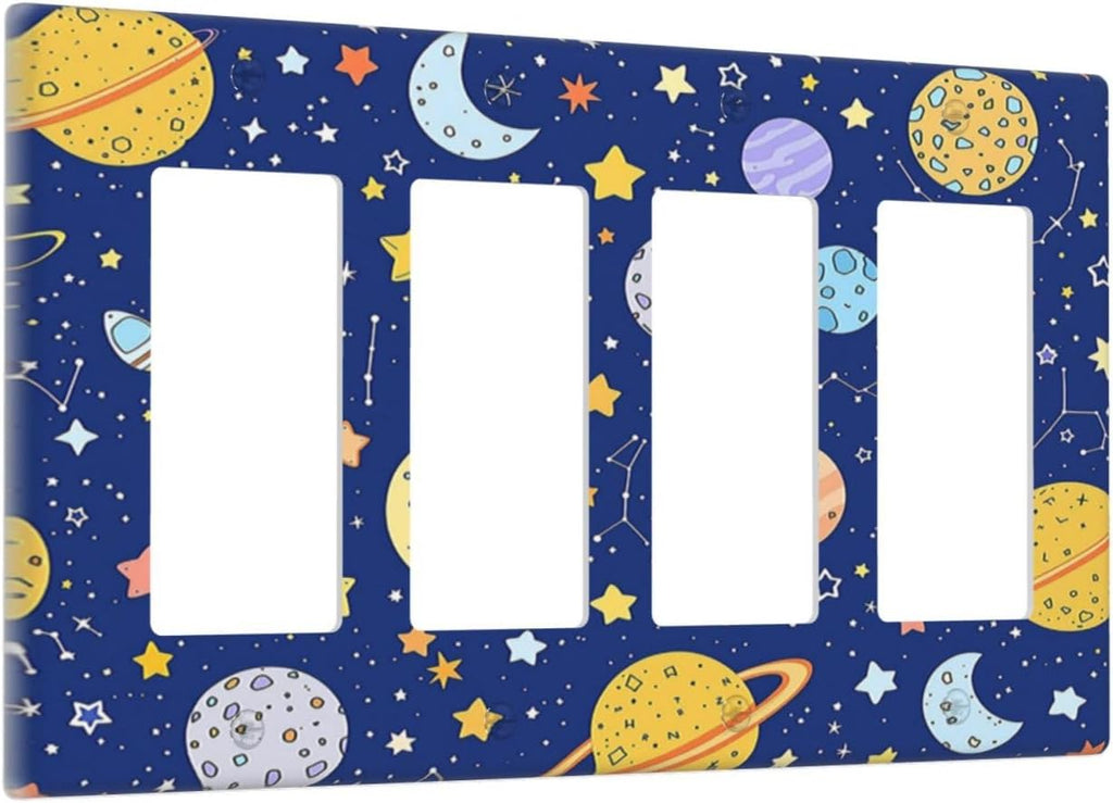 Stars Starry Night Sun Moon Planet Constellations Wallplates 4 Gang Quad Rocker Decorative Light Switch Covers Electrical GFCI Faceplate Switch Plate for Bedroom Bathroom Decor