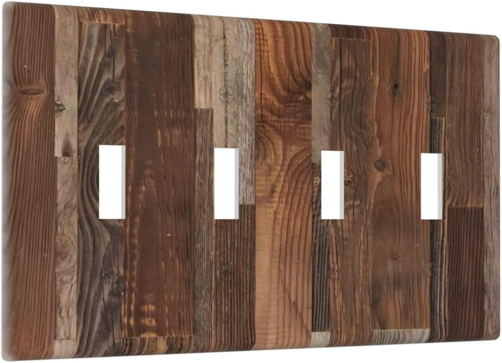 Vintage Brown Wooden Boards Print Wood Grain Light Switch Covers Quad Toggle Electrical Faceplate 4 Gang Wall Plate Decorative Switch Plates for Farmhouse Home Decor