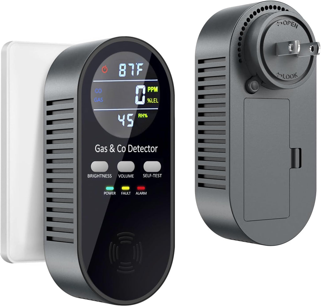 5-in-1 Carbon Monoxide Detectors, Combination Natural Gas Leak Detector and Carbon Monoxide detectors Plug in with 9V Battery Backup, Travel Carbon Monoxide Detector with Voice Brightness Control