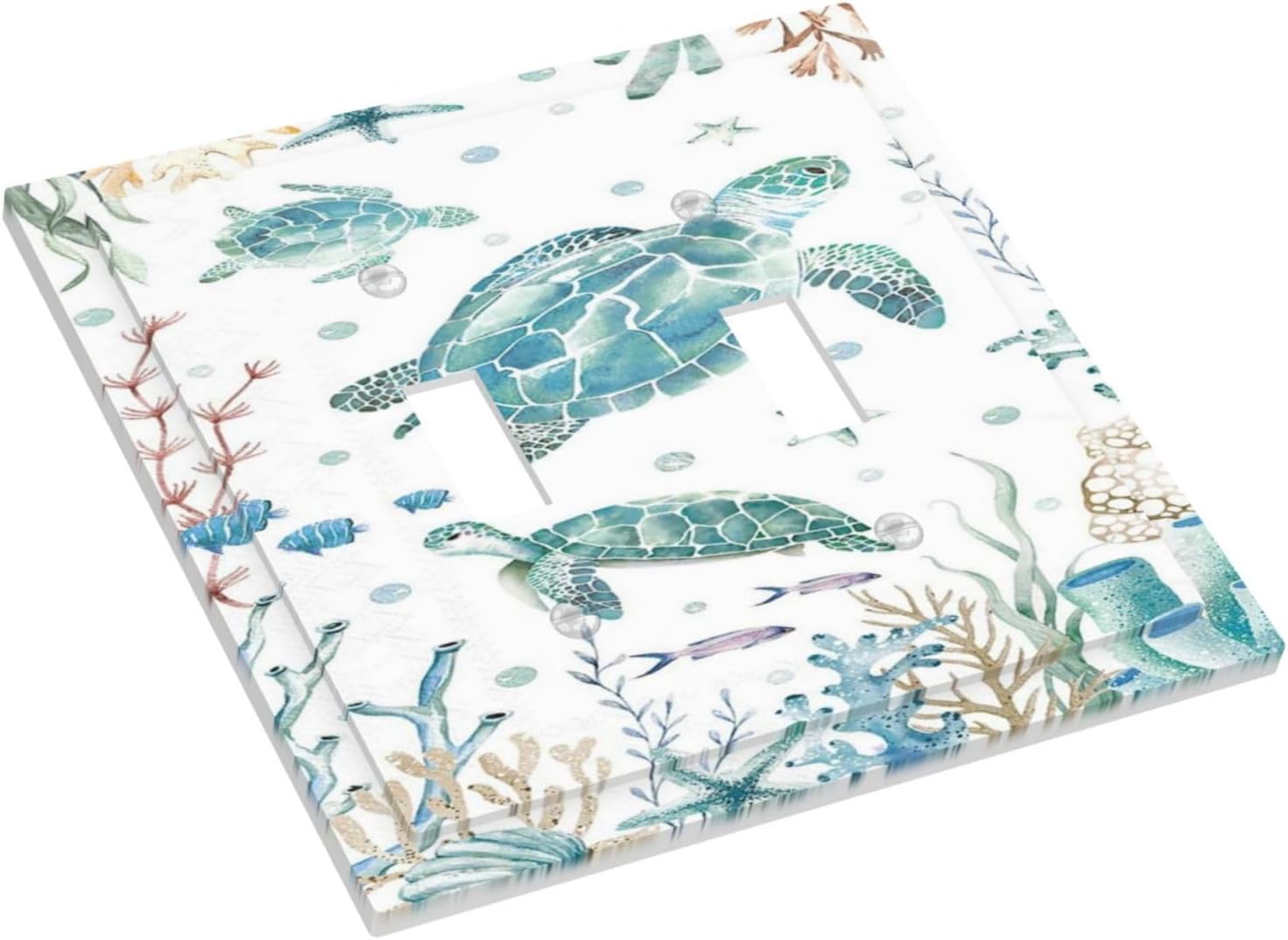 Sea Turtle Ocean Starfish Fish Coral Pearl Decorative Switch Plates 2 Gang Double Toggle Outlet Light Switch Cover Wall Plate Electrical Faceplate for Bathroom Kids Room Decor