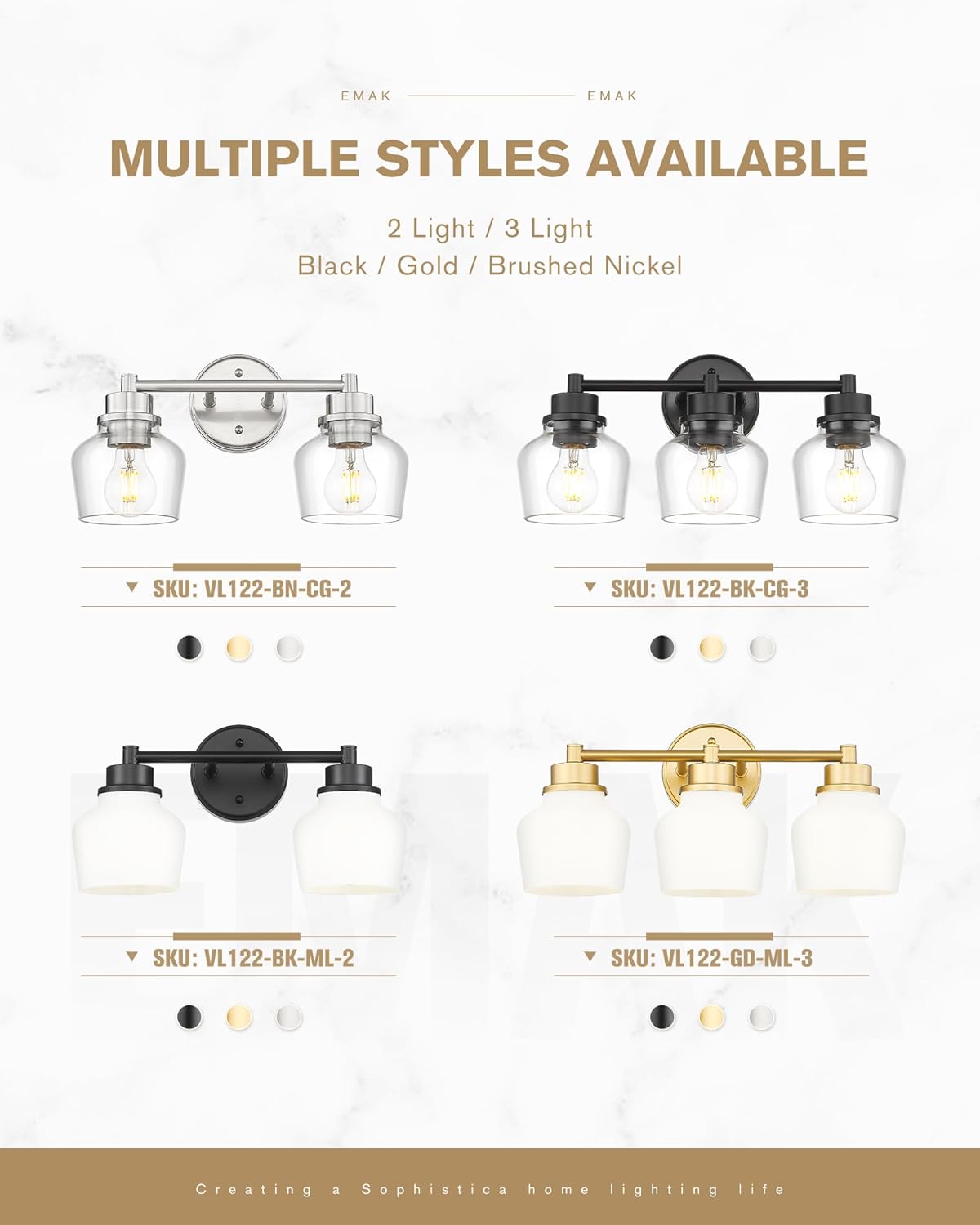 Emak Modern Black Bathroom Lights, Farmhouse Vanity Lighting Fixtures with Clear Glass Shade, 2-Light Vanity Lights for Bathroom, Makeup Desk, Mirror, VL122-BK-CG-2