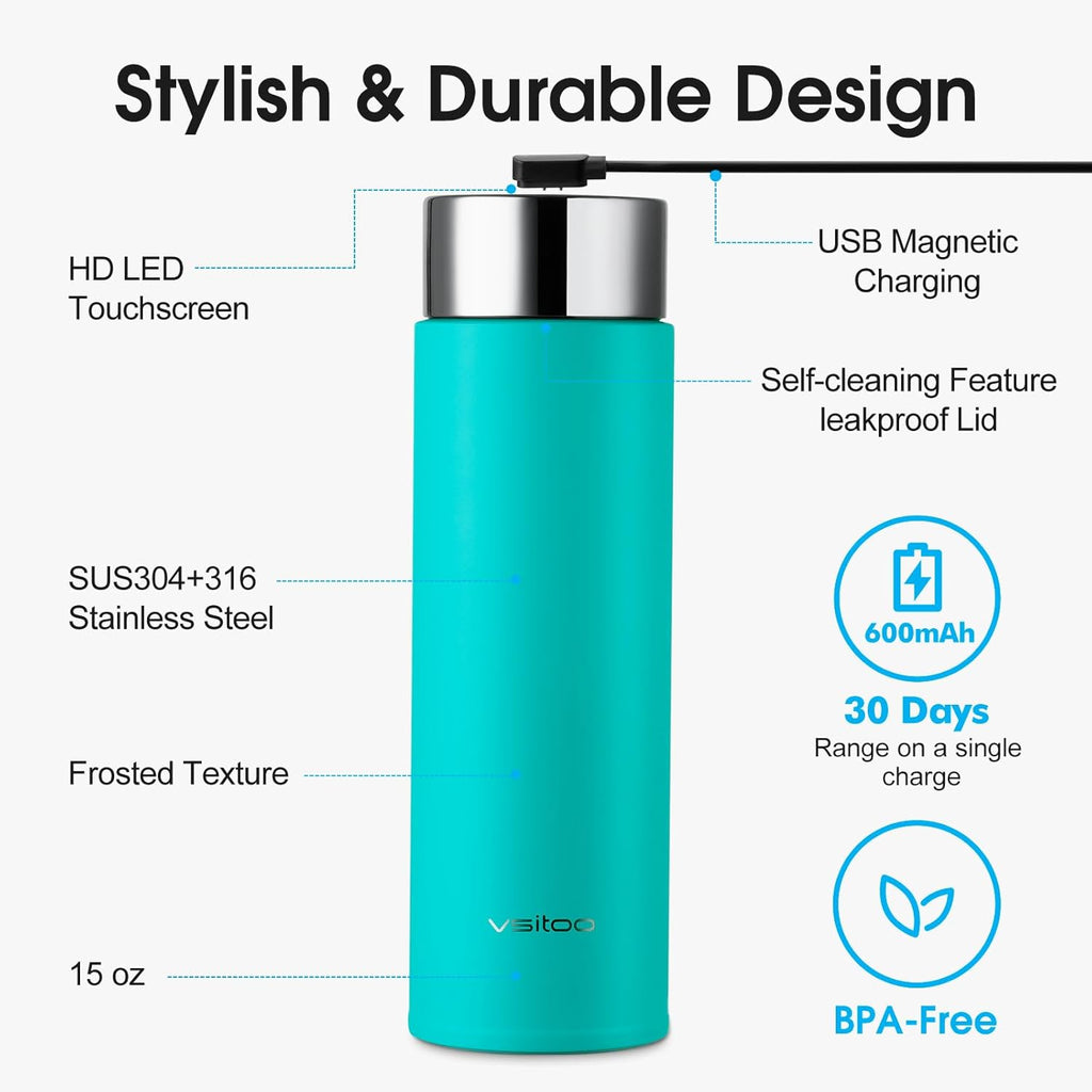 Vsitoo Smart self cleaning Insulated Water Bottle, 15oz Stainless Steel Vacuum Flask, AI Self-Clean, 30-Day Battery Life, BPA-Free, Magnetic Charging, Portable Travel Mug Gifts for Men Women, Blue