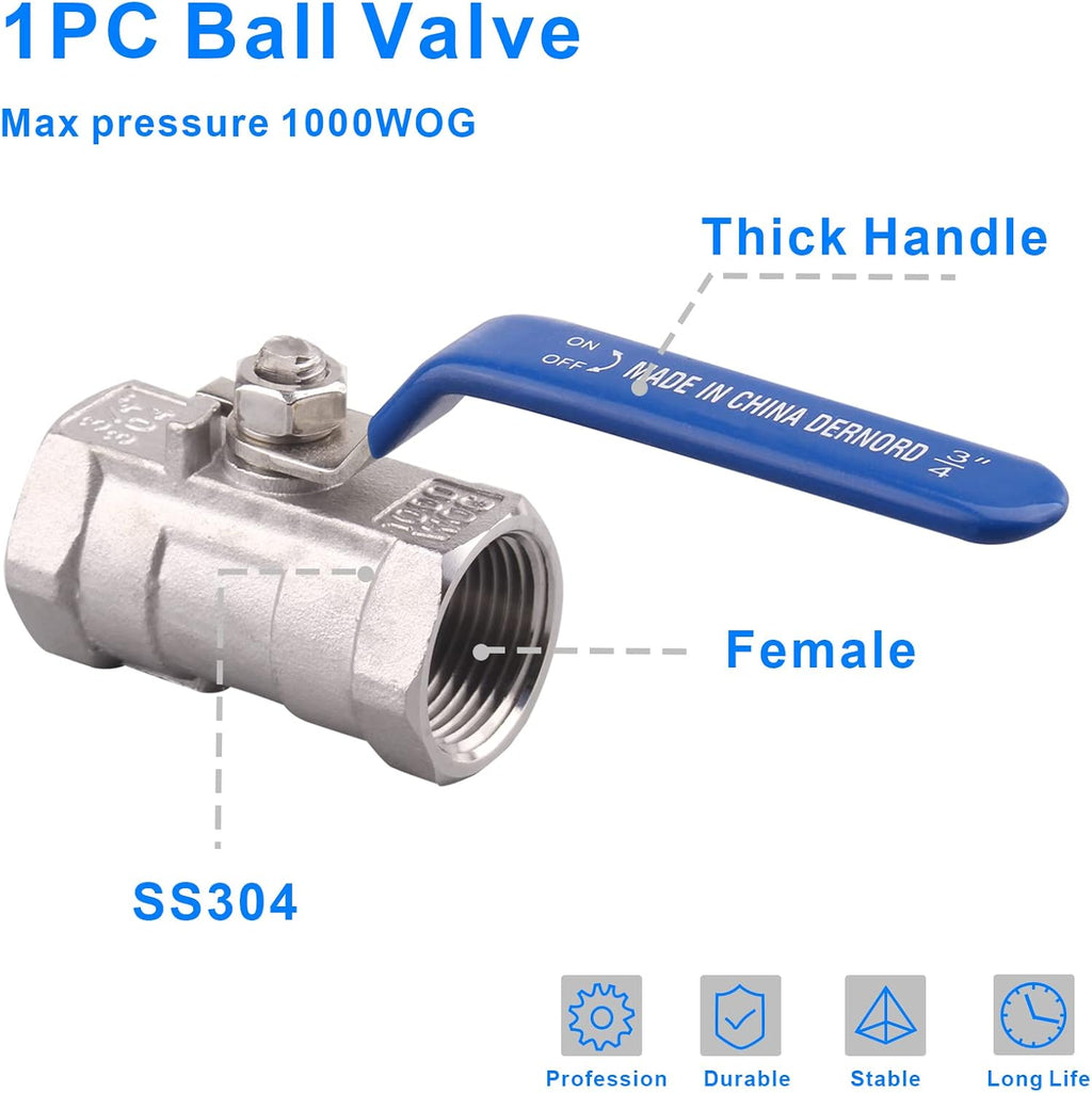 DERNORD Stainless Steel 3/4 Inch Ball Valve 1PC Type NPT Standard Port for Water, Oil, and Gas (Pack of 2)