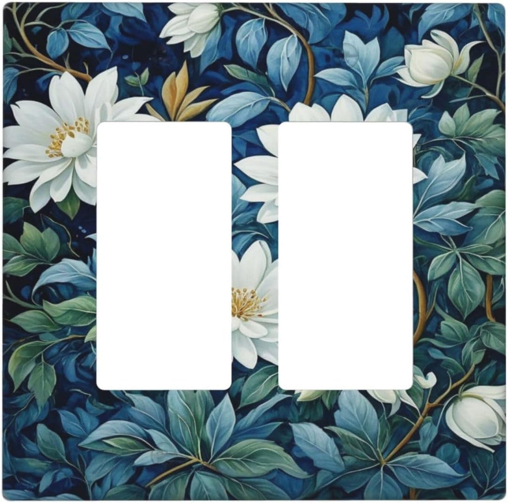 White Flowers Green Leaves Dual Outlet Covers Wall Plate 2 Gang Rocker Decora Decorative Switchplate Electrical Faceplate GFCI Light Switch Covers for Farmhouse Living Decor