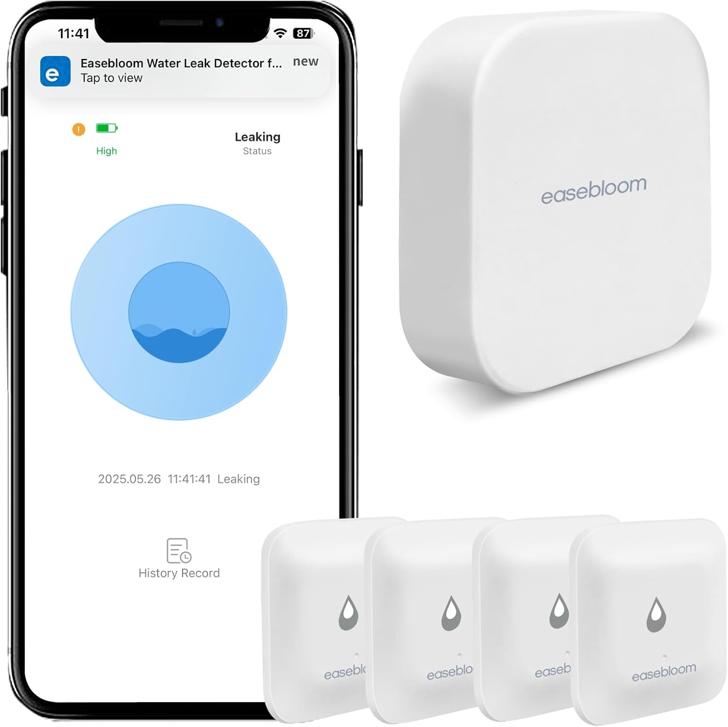 Water Leak Detector for Home - Hub & Mini Water Leak Sensor 4-Pack,App Notifications,Sensors for Kitchen/Bathroom,Smart Water Leak Sensor