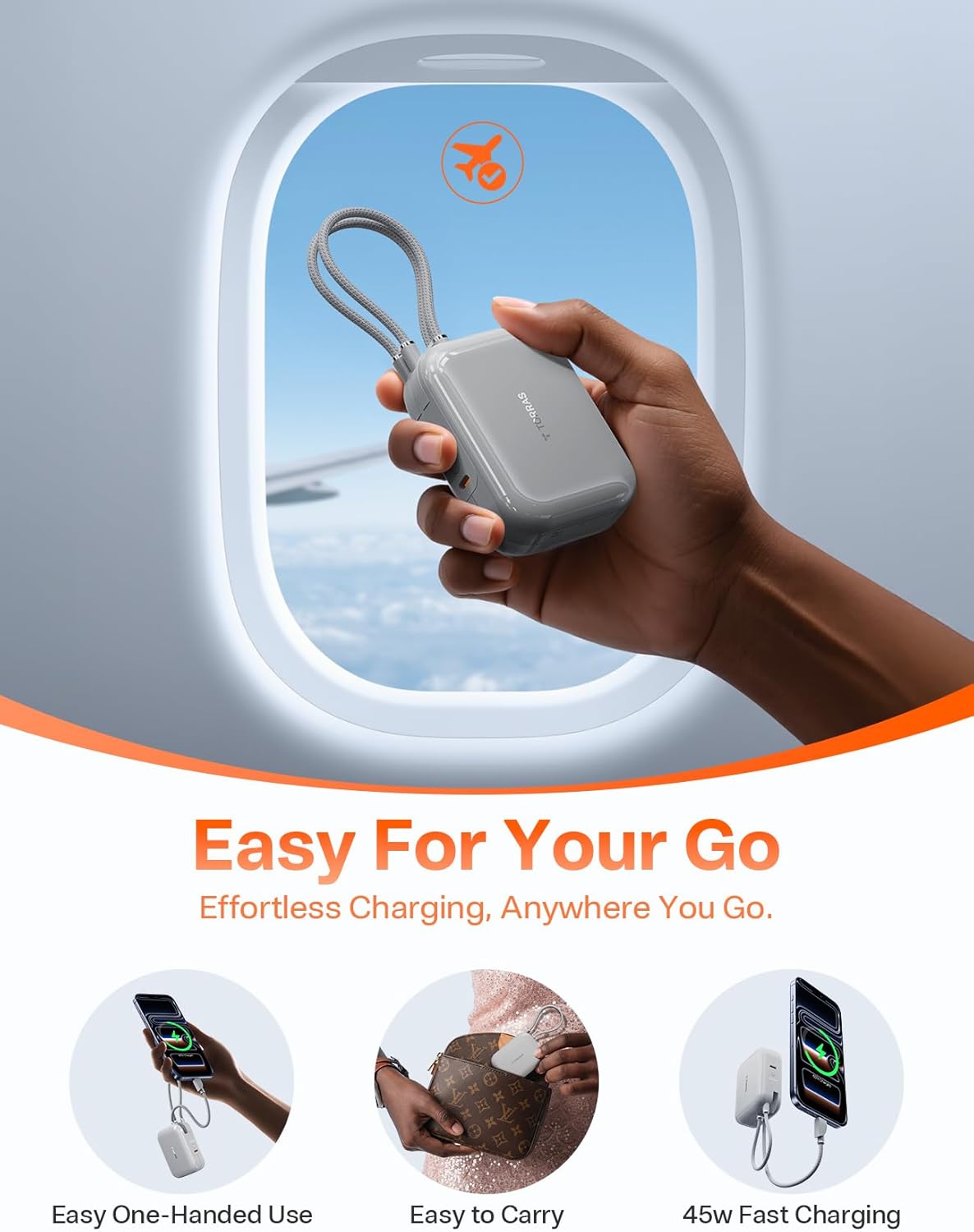 TORRAS EasyGo Portable Charger, 45W Fast Charging 10000mAh Power Bank [Travel & Daily Essentials] Built in Cable USB C, Phone Battery Pack Powerbank for iPhone Air/17/16/15 Series, Samsung, iPad etc