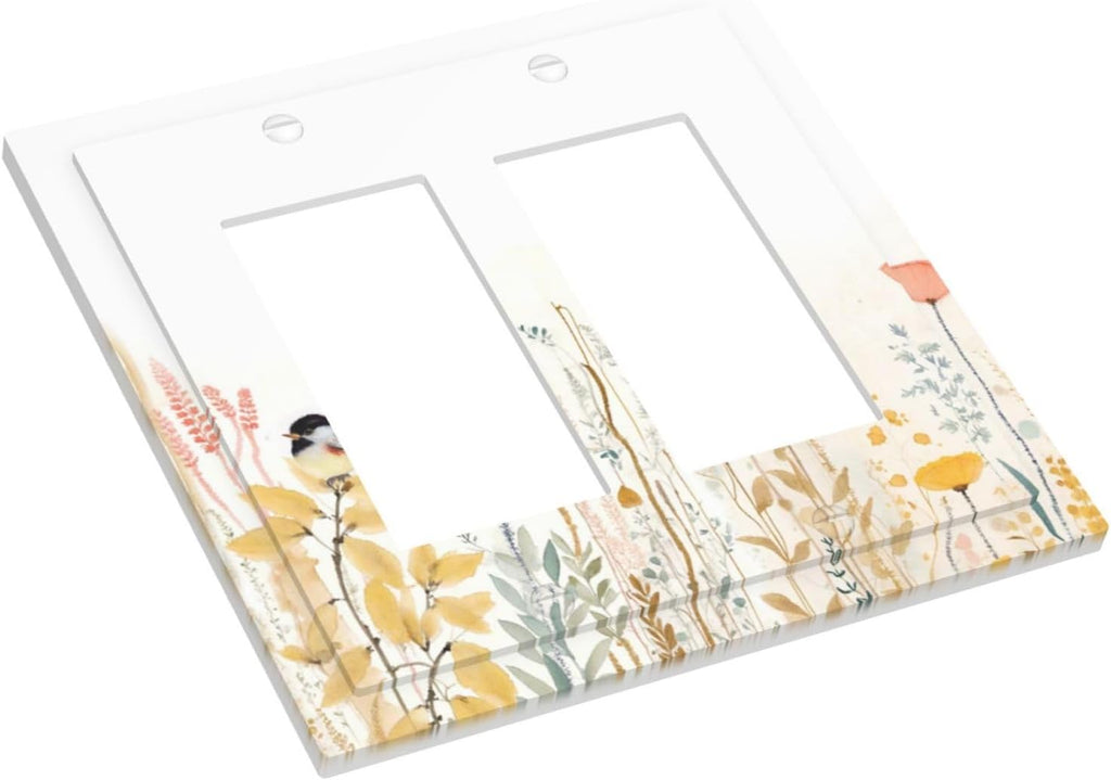 Decorative Outlet Covers Colorful Floral Watercolour Cuddly Bird 2 Gang Double Gfci Rocker Electrical Wall Panels Light Switch Cover Plate For Bed Room Living Room Decor
