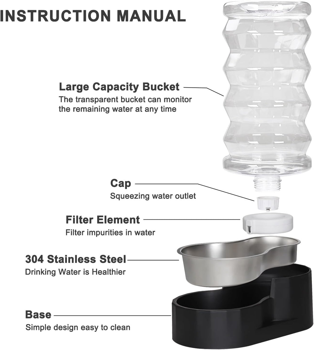 RIZZARI Dog Water Dispenser Bowl: 8L Large Black Stainless Steel Automatic Pet Dispenser with Triple Filter and Specialized Brush - for Senior Dogs with Joint Problems in Garage Garden