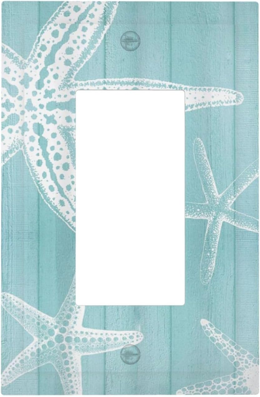 Decorative Outlet Covers Starfish Teal Wood Board Nautical 1 Gang Rocker Light Switch Cover Plate Single Wall Plates for Electrical Outlets Switch Plate Covers Faceplate for Bedroom Home Decor
