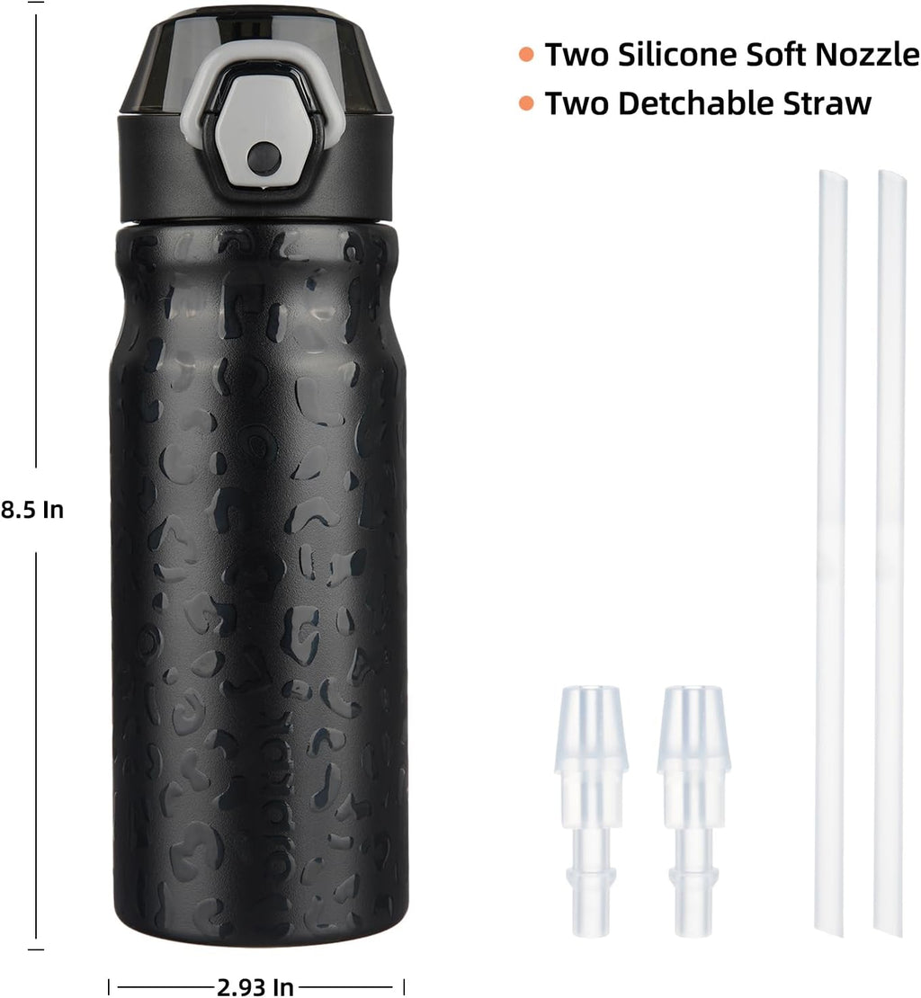 BJPKPK 18oz Insulated Water Bottle with Straw Stainless Steel Double Wall Water Bottles BPA Free Leak Proof Thermal Flask with Lockable Flip Lid and Soft Silicone Spout,Black Leopard