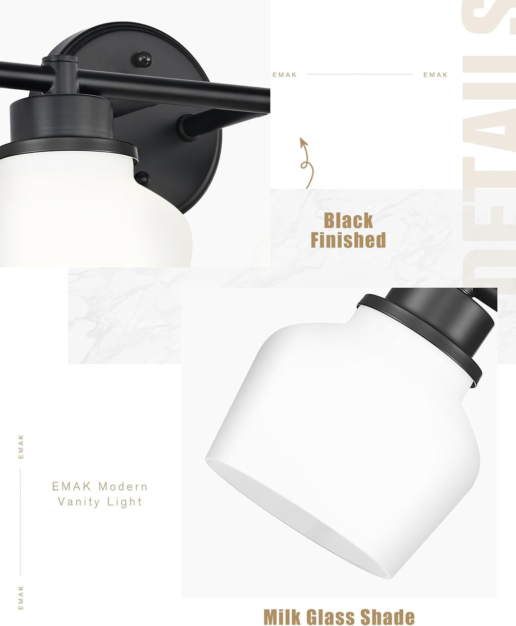 Emak 29 Inch Black Vanity Light, Farmhouse Bathroom Light Fixtures Wall Sconces with Milk Glass Shade, 4-Light Vanity Lights for Bathroom, Mirror, VL122-BK-ML-4