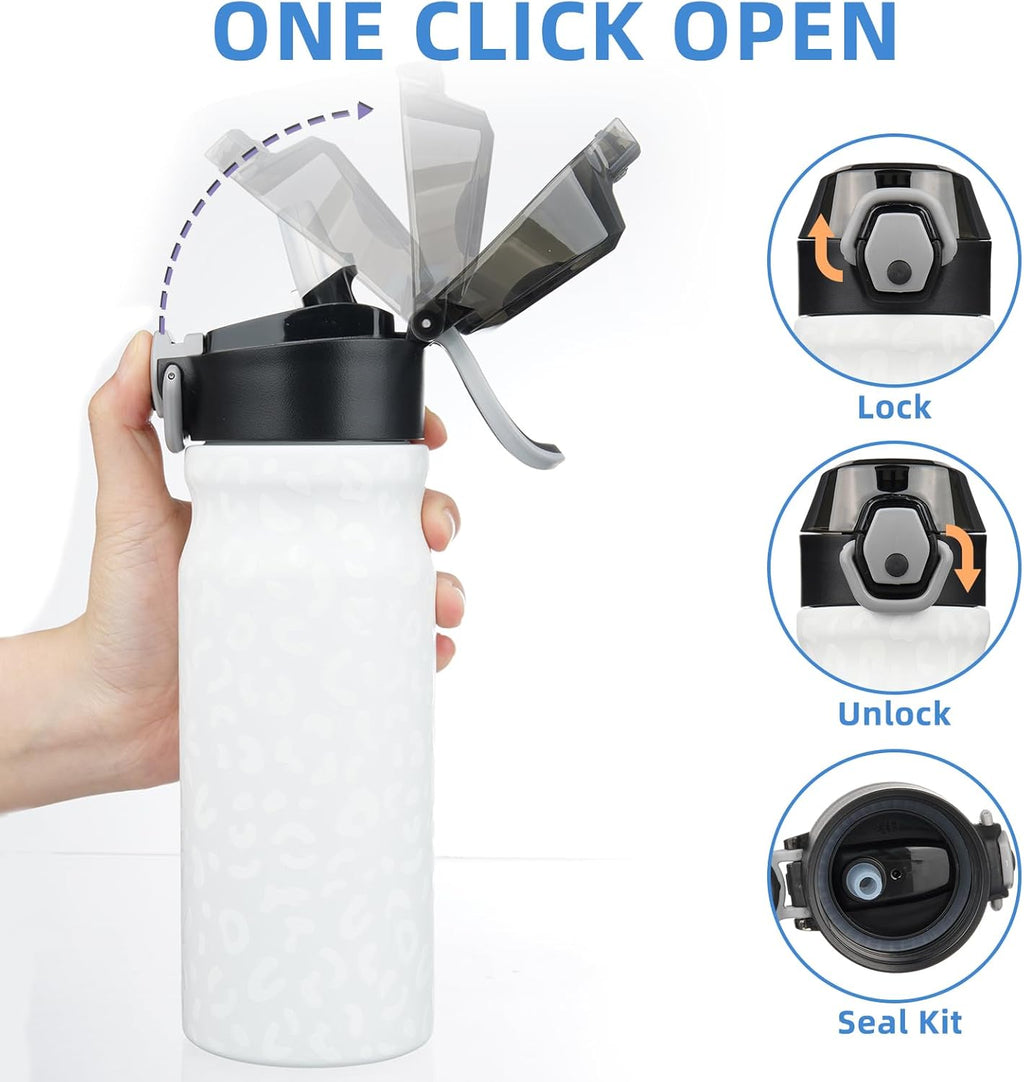 BJPKPK Water Bottle with Straw 18oz Insulated Water Bottles Reusable Stainless Steel Metal Thermal Flask with Leak Proof Lockable Lid and Carry Handle,Cream Leopard