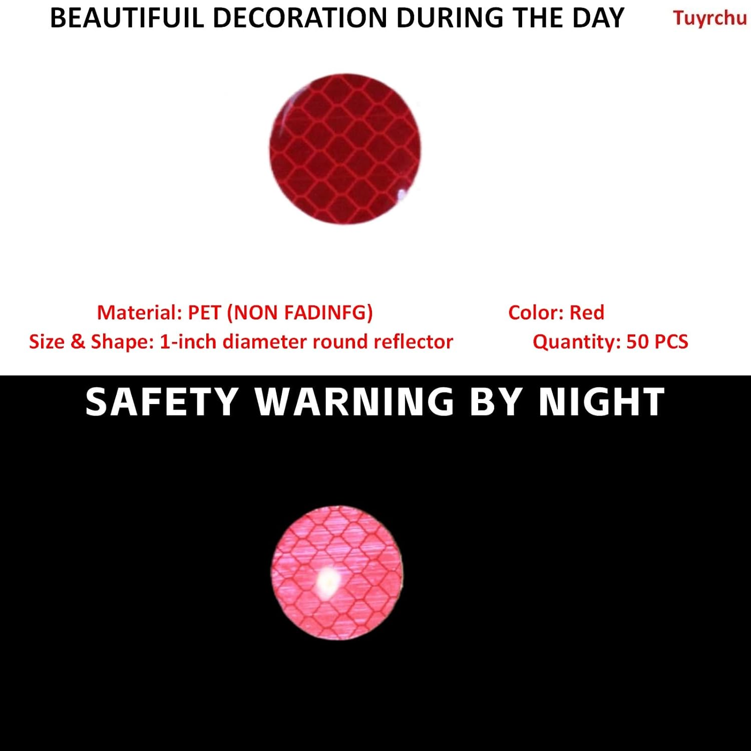 Non Fading Red Reflective Stickers 1-inch Diameter Round Reflector, Outdoor Waterproof High Visibility Warning Adhesive Tape (50 Pcs)