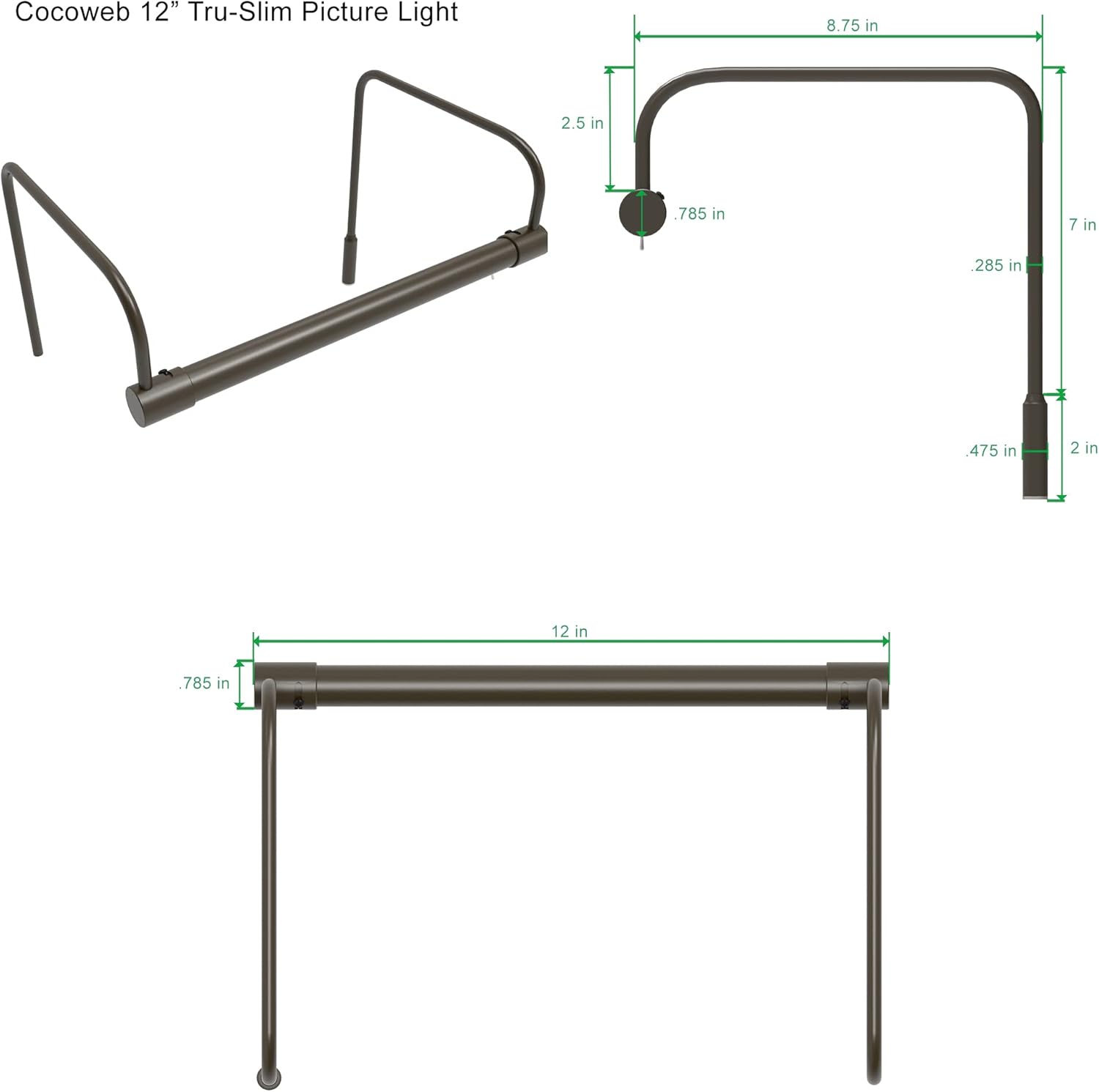 Cocoweb 12 Inch Tru-Slim Mahogany Bronze Picture Light - LED, 2700K, Adjustable Arm, Plug-in, Toggle Switch, Sleek and Compact Design