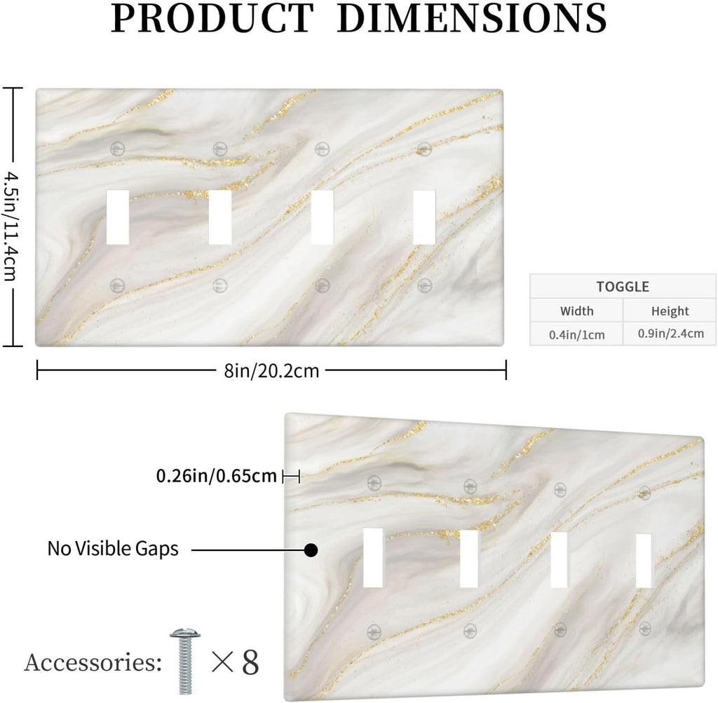 White Grey Gold Marble Simple Tiles Light Switch Covers Quad Toggle Electrical Faceplate 4 Gang Wall Plate Decorative Switch Plates for Bathroom Kitchen Decor