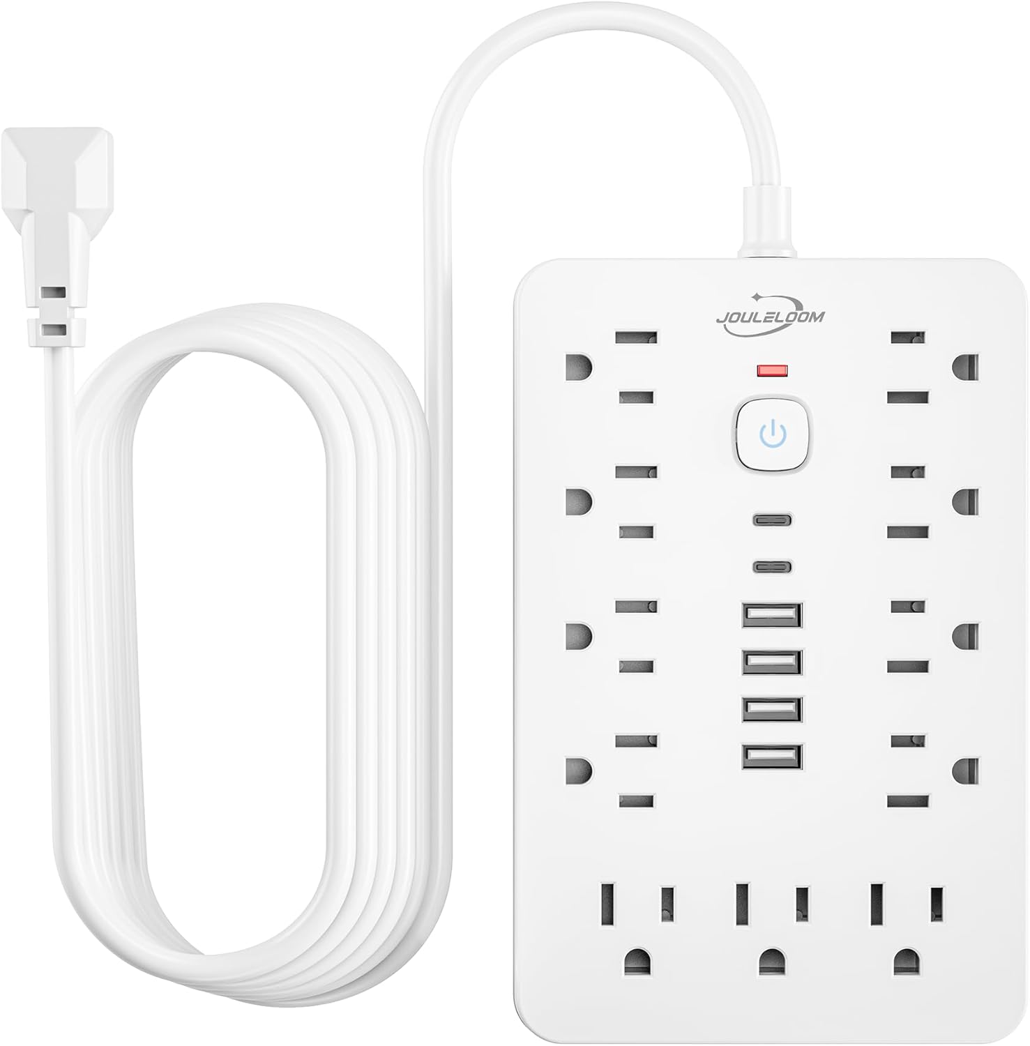 10 FT Flat Plug Surge Protector Power Strip,11 Multiple AC Outlets with 6 USB Ports (2 USB C), 6 Feet Extension Cord, 1250W/10A, One Touch Switch Button, White
