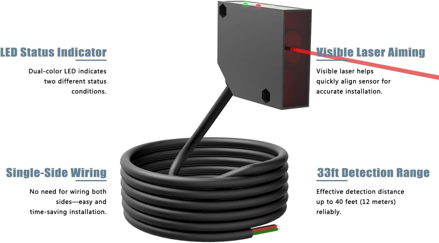 Blütezeit Retro-Reflective Photoelectric Sensor, 40ft Visible Red Beam Wall Mounted for Automatic Swing & Sliding Gate Openers Indoor/Outdoor, Compatible with Blütezeit Gate Motors (ME-R12M1)