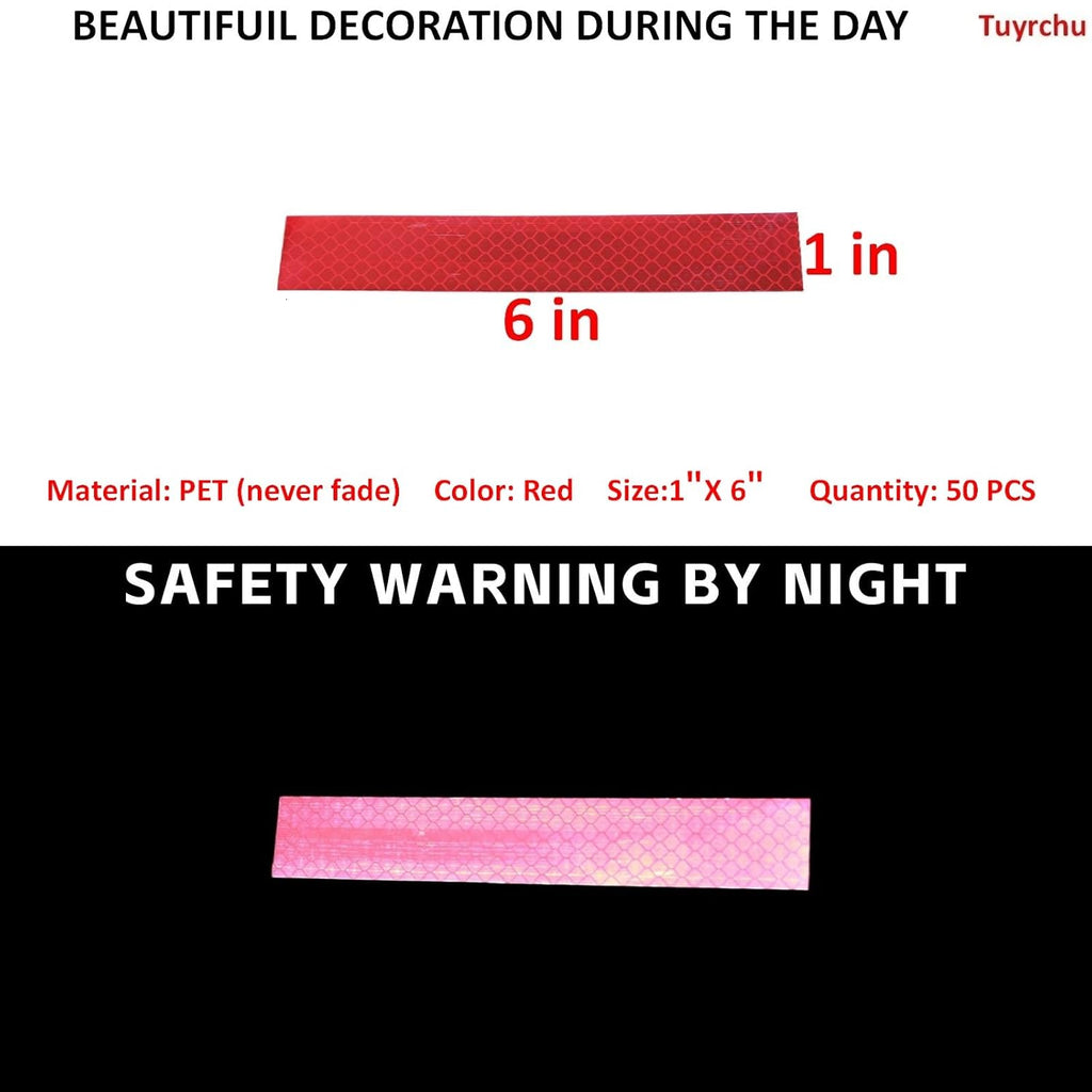 Non Fading Red Reflective Stickers 1 inch X 6 inch, Outdoor Waterproof High Visibility Warning Safety Adhesive Reflector Tape (50 Pcs)