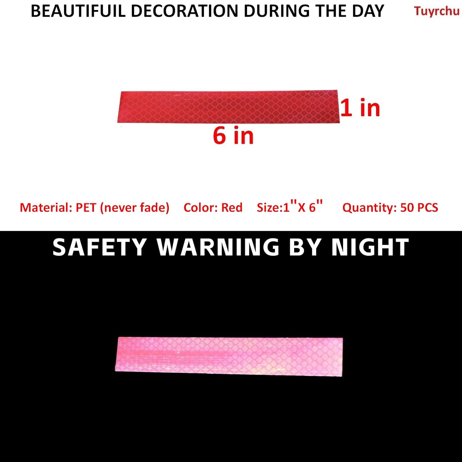 Non Fading Red Reflective Stickers 1 inch X 6 inch, Outdoor Waterproof High Visibility Warning Safety Adhesive Reflector Tape (50 Pcs)