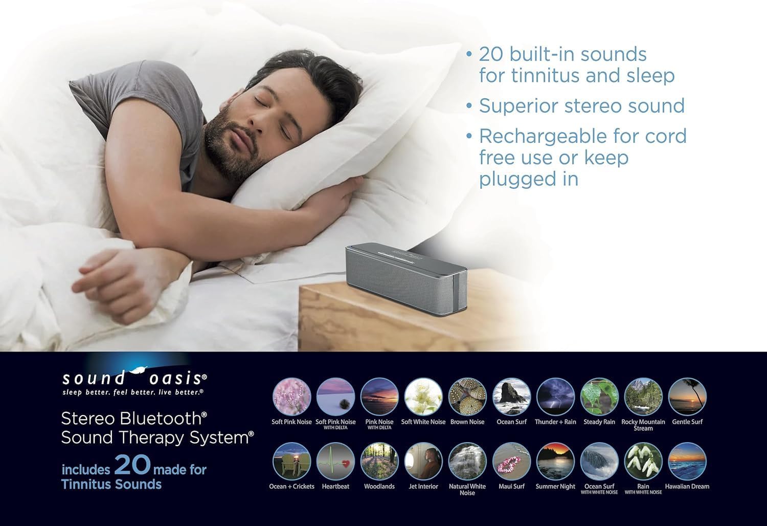 Sound Oasis Stereo Bluetooth Sound Machine for Sleep and Tinnitus Masking, 20 Non-Looping Soothing Sounds Plus Pink Noise, Hi-Fidelity Speakers, Portable Sound Therapy for Home, Baby, Office or Travel