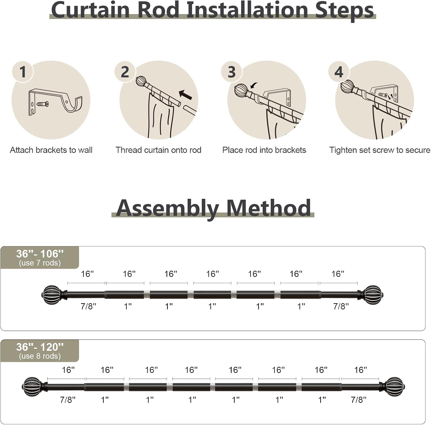 Black Curtain Rods for Windows 66 to 120 Inch, 1'' Adjustable Heavy Duty Curtain Rod，Vintage Decorative Drapery Rods with Pumpkin Finials for Bedroom Living Room