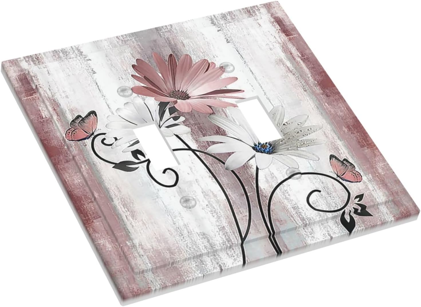 Decorative Switch Plates Pink White Daisy Butterfly Wood Grain 2 Gang Double Toggle Outlet Light Switch Cover Wall Plate Electrical Faceplate for Farmhouse Bathroom Decor