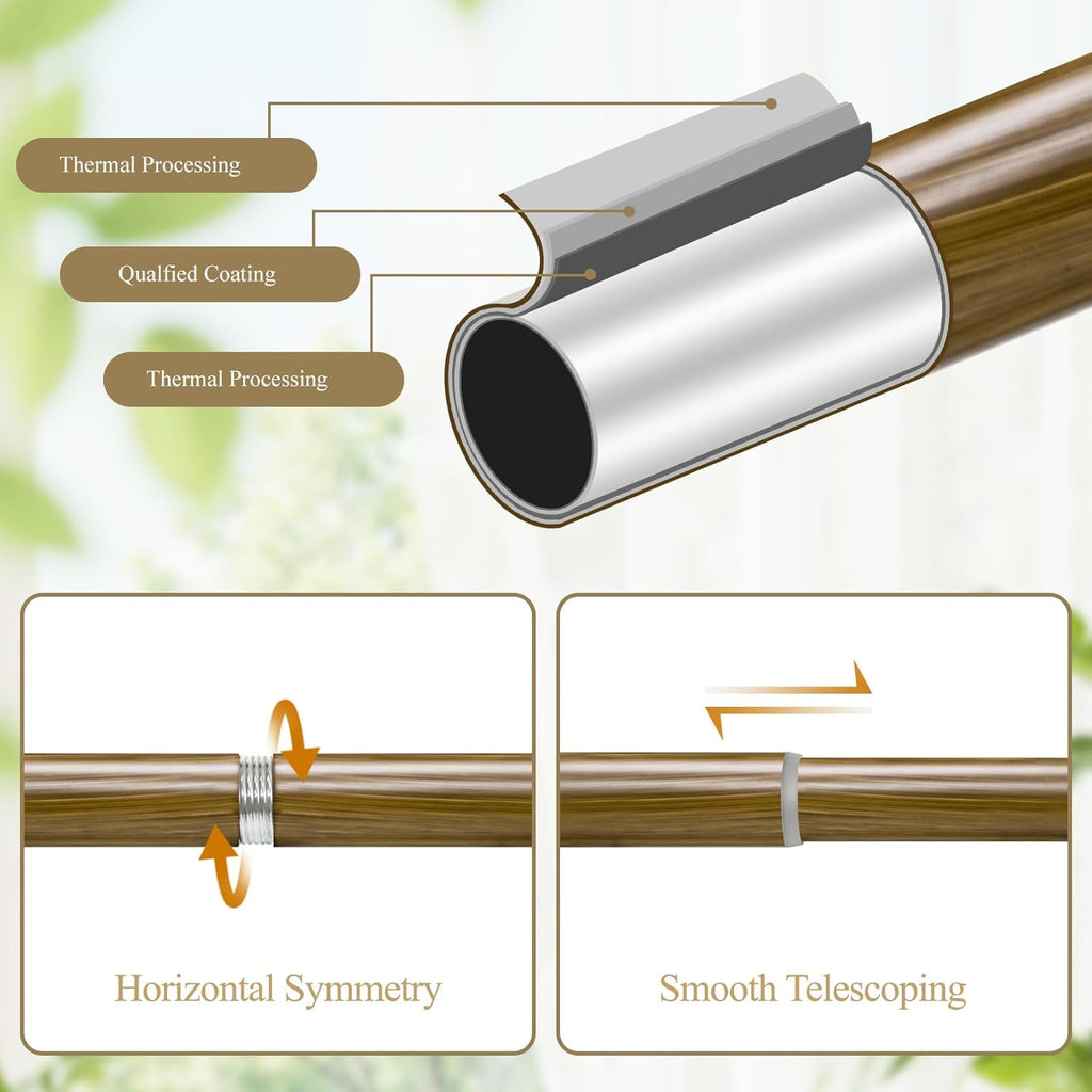 Boho Wooden Curtain Rods for Windows 48 to 84 Inches(4-7 ft), Adjustable Heavy-Duty 1" Diameter Drapery Rod with Imitation Wood-Grain Leaf-Pattern Finials - for Living Room & Bedroom，36-88''