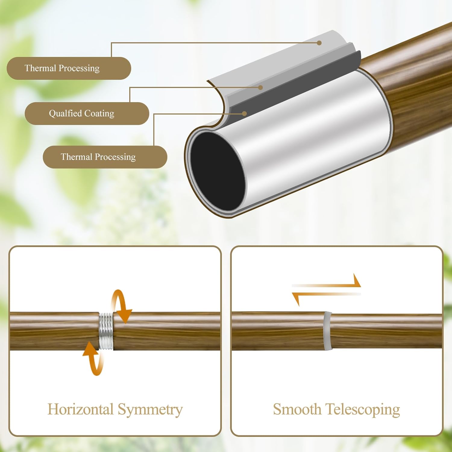 Boho Wooden Curtain Rods for Windows 28 to 48 Inches(2.3-4 ft), Adjustable-Heavy Duty 1" Diameter Drapery Rod with Imitation Wood-Grain Leaf-Pattern Finials - for Living Room & Bedroom，18-45''