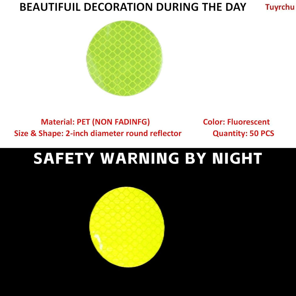 Non Fading Fluorescent Yellow Reflective Stickers 2-inch Diameter Round Reflector, Outdoor Waterproof High Visibility Warning Adhesive Tape (50 Pcs)