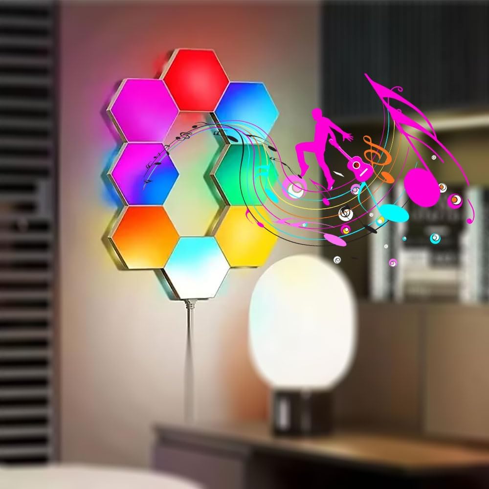 Music Sync Hexagon Lights, Vcwtty Smart LED Wall Lights 10 Pack, 13 Colors Modular Assembled RGB Wall Panels, Hex Light with USB-Power for Autism, Game Room Decor, Party