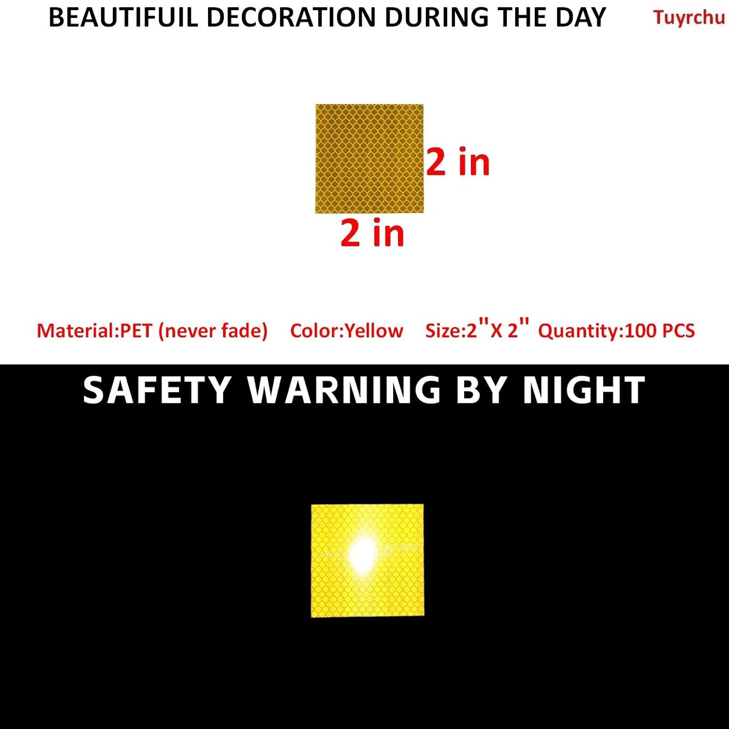 Non Fading Yellow Reflective Stickers 2 inch X 2 inch, Outdoor Waterproof High Visibility Warning Safety Adhesive Reflector Tape (100 Pcs)