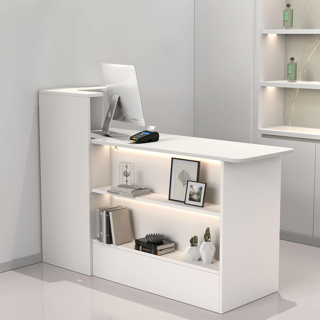 Modern Reception Desk with LED Lights - 47" Front Desk Reception Counter with Dual Display Shelves & Hidden Cable Management, Lockable Drawer & Storage Cabinet for Office, Salon, Spa, Retail, Right