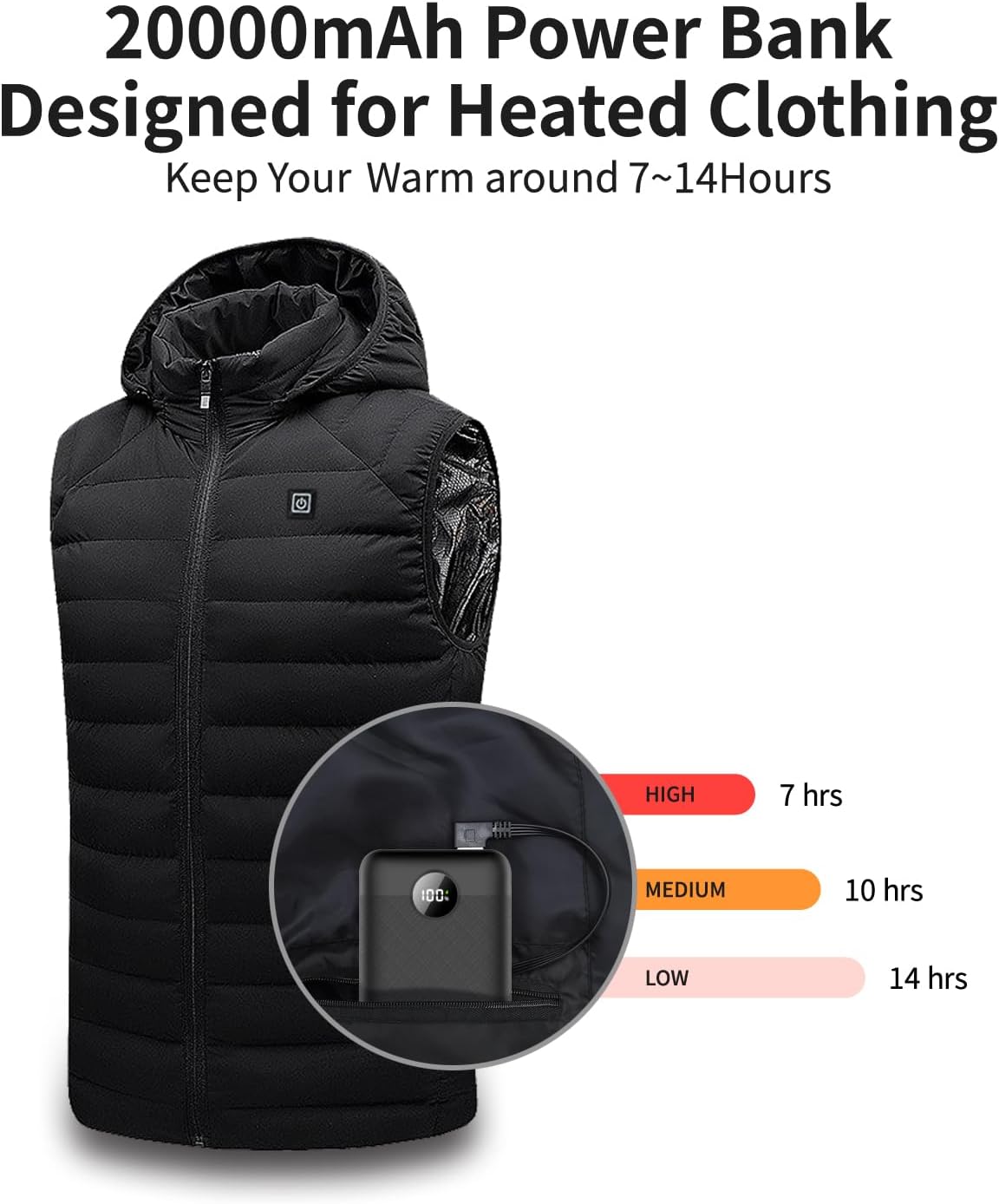 Lightest 5V 2A USB 20000mAh Heated Vest Battery Pack, Power Bank for Heated Jacket, Hoodies, Stadium Seats, Fast Recharging Portable Charge for Heated Clothing, Camping Chair (Black, 20000mAh)