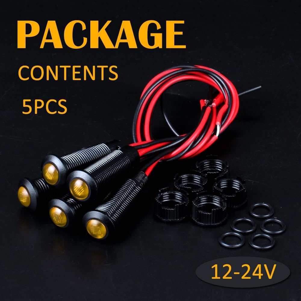 5pcs 8mm LED Indicator Light Plastic Black Signal Dot Lamp 12V-24V 5/16" Mounting Hole Size with 15cm/5.9in. Wire (Yellow LED)